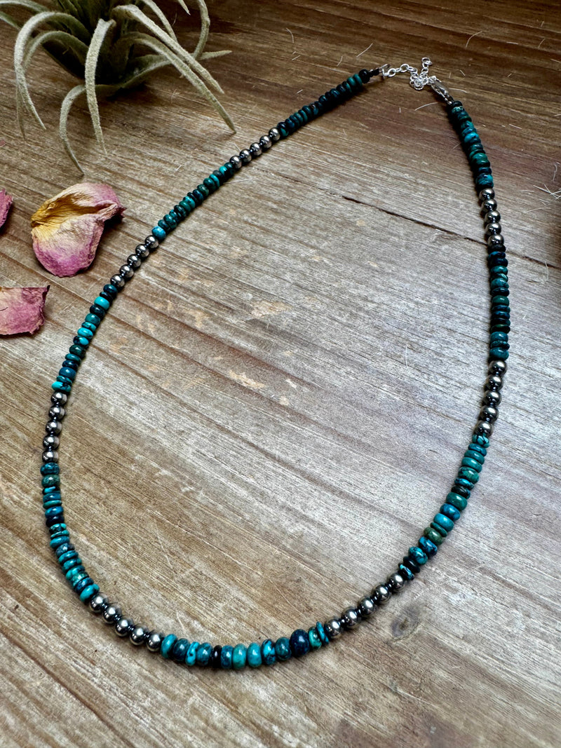 17 inch long Sterling Silver Pearls and turquoise - Darker blue