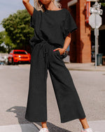 Textured Wide Leg Cropped Pants & Shirt Set