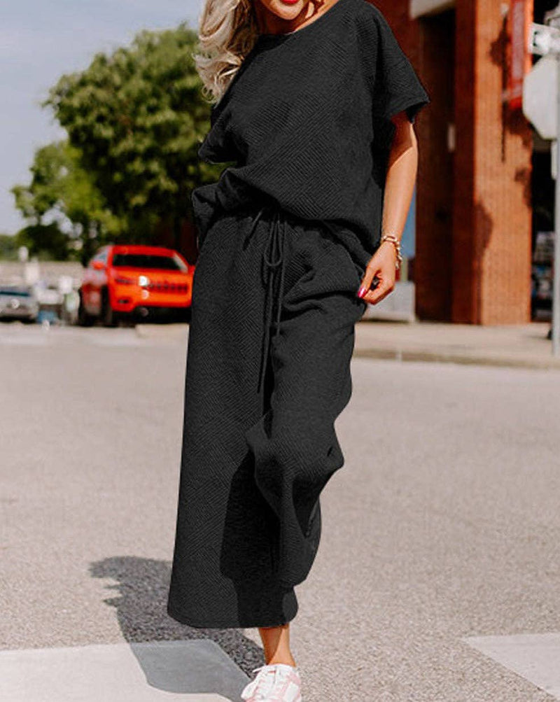 Textured Wide Leg Cropped Pants & Shirt Set