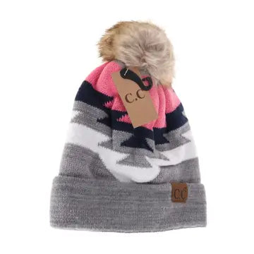 Aztec Faux Fur Pom Beanie