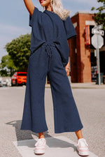 Textured Wide Leg Cropped Pants & Shirt Set