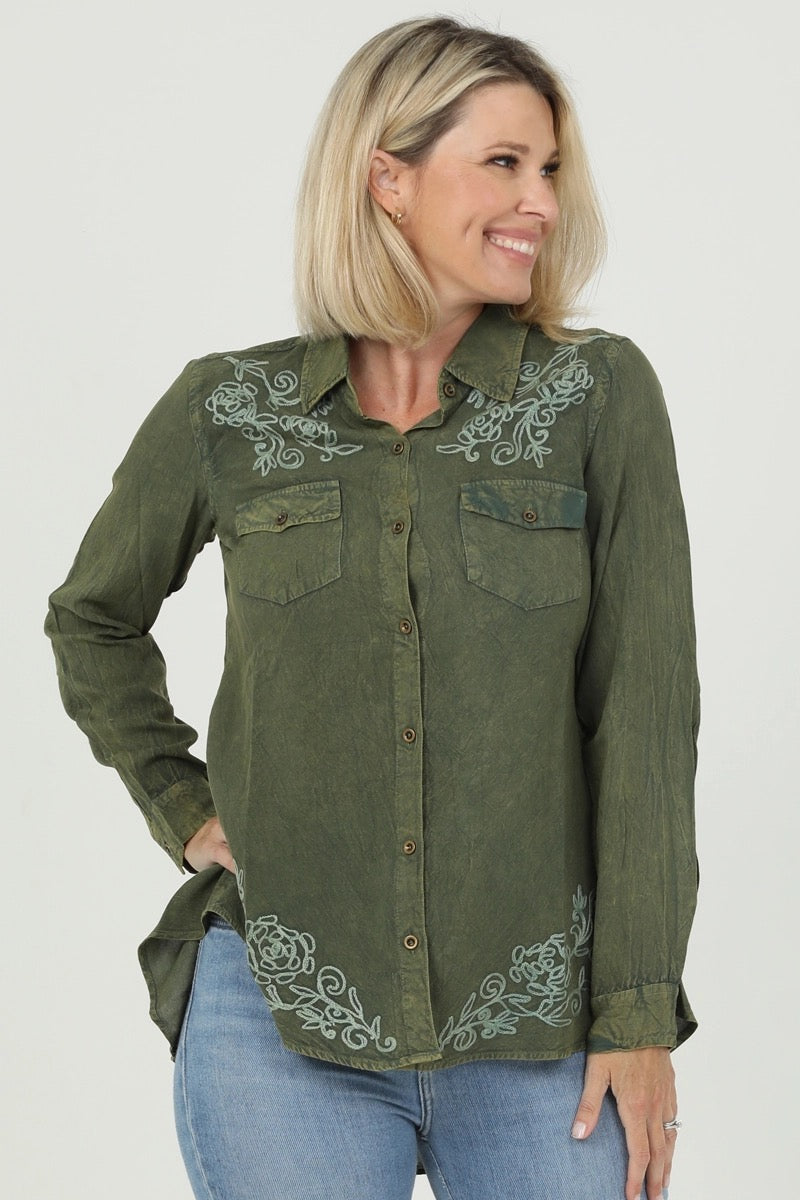 Embroidered Button up High Low Blouse