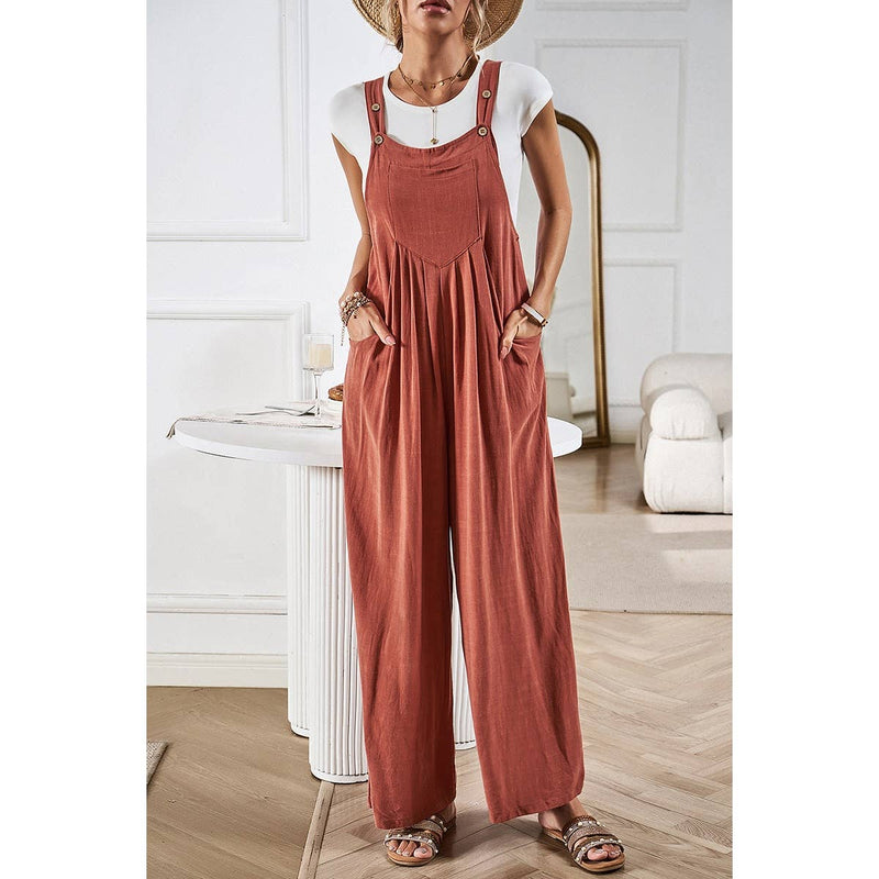 Supreme Fashion - Solid Wide Leg Pocketed Shoulder Tie Overalls: Rust / XL