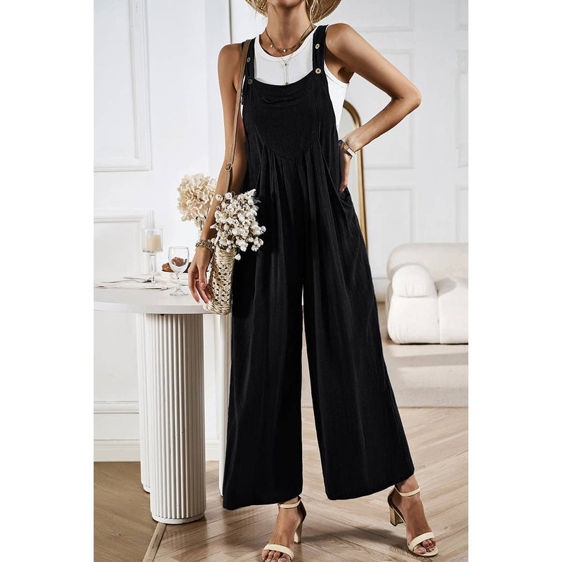 Supreme Fashion - Solid Wide Leg Pocketed Shoulder Tie Overalls: BLACK / XL