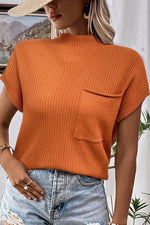 Patch Pocket Ribbed Short Sleeve Sweater