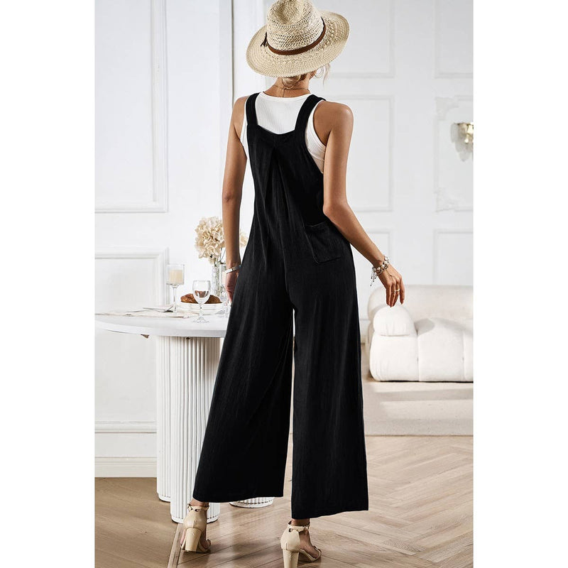 Supreme Fashion - Solid Wide Leg Pocketed Shoulder Tie Overalls: BLACK / L