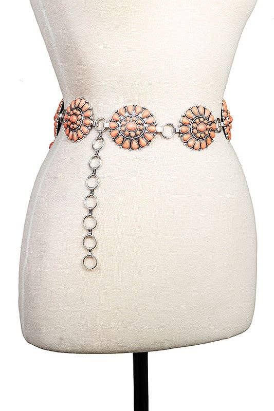 Andrea Bijoux - Floral Gem Link Chain Belt: Tq Coral / One Size