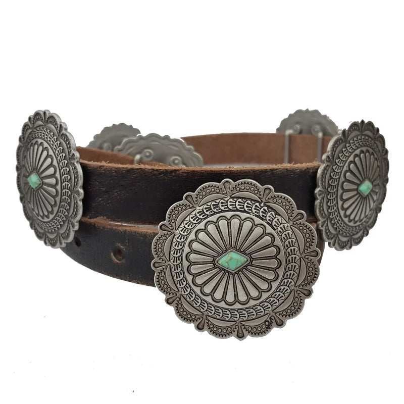 Western Round Concho Genuine Distressed Leather Belt W. Turquoise accent