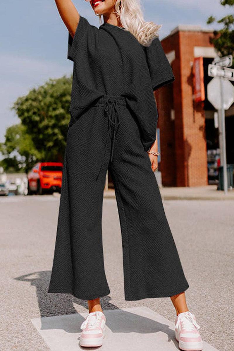 Textured Wide Leg Cropped Pants & Shirt Set