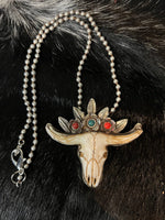 Carved Buffalo Bone Steer Skull Necklace