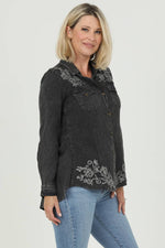 N2U67-ASIS EMBROIDERED ACID WASHED BUTTON FROTN SHIRT: XL / Black