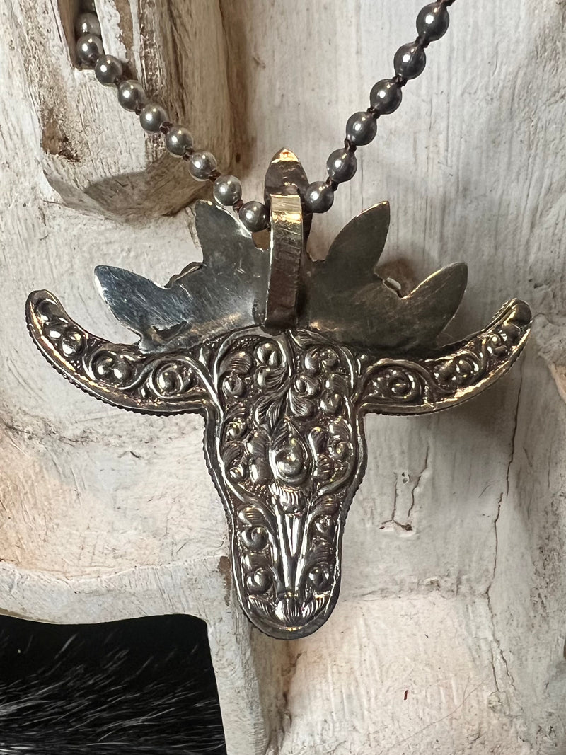 Carved Buffalo Bone Steer Skull Necklace