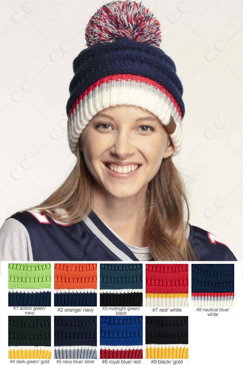 Hana - C.C Team Color Ribbed Beanie with Pom Winter Hat