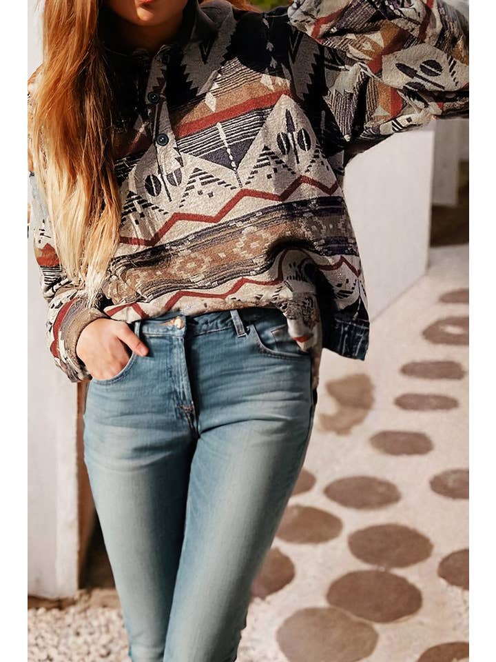 Aztec Henley Collared Sweatshirt