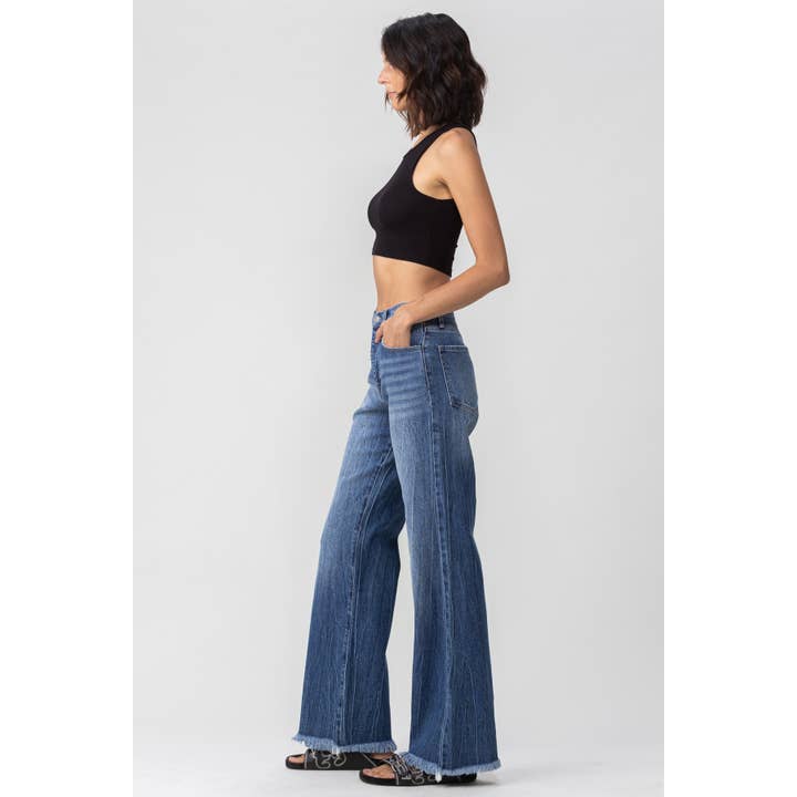 High Rise Wide Leg Raw Edge Dark Denim