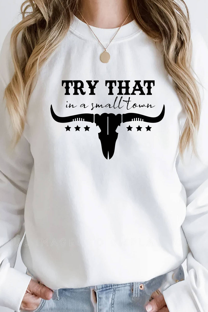 Top Avenue - Try That In a Small Town, Rodeo, Unisex Crew Neck Sweatshirt: Latte/Wht / S / Graphic Sweatshirt
