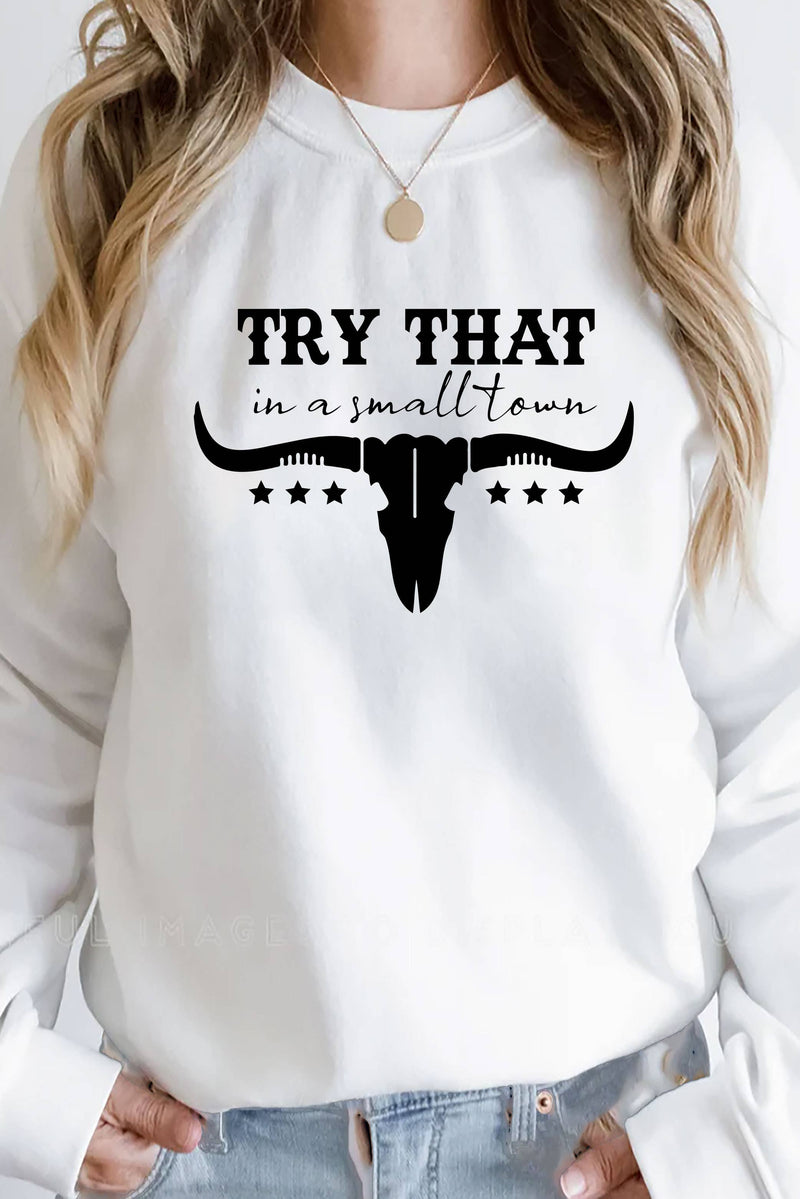 Top Avenue - Try That In a Small Town, Rodeo, Unisex Crew Neck Sweatshirt: Charcoal / M / Graphic Sweatshirt