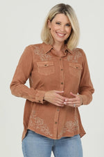 Embroidered Button up High Low Blouse