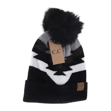 Aztec Faux Fur Pom Beanie