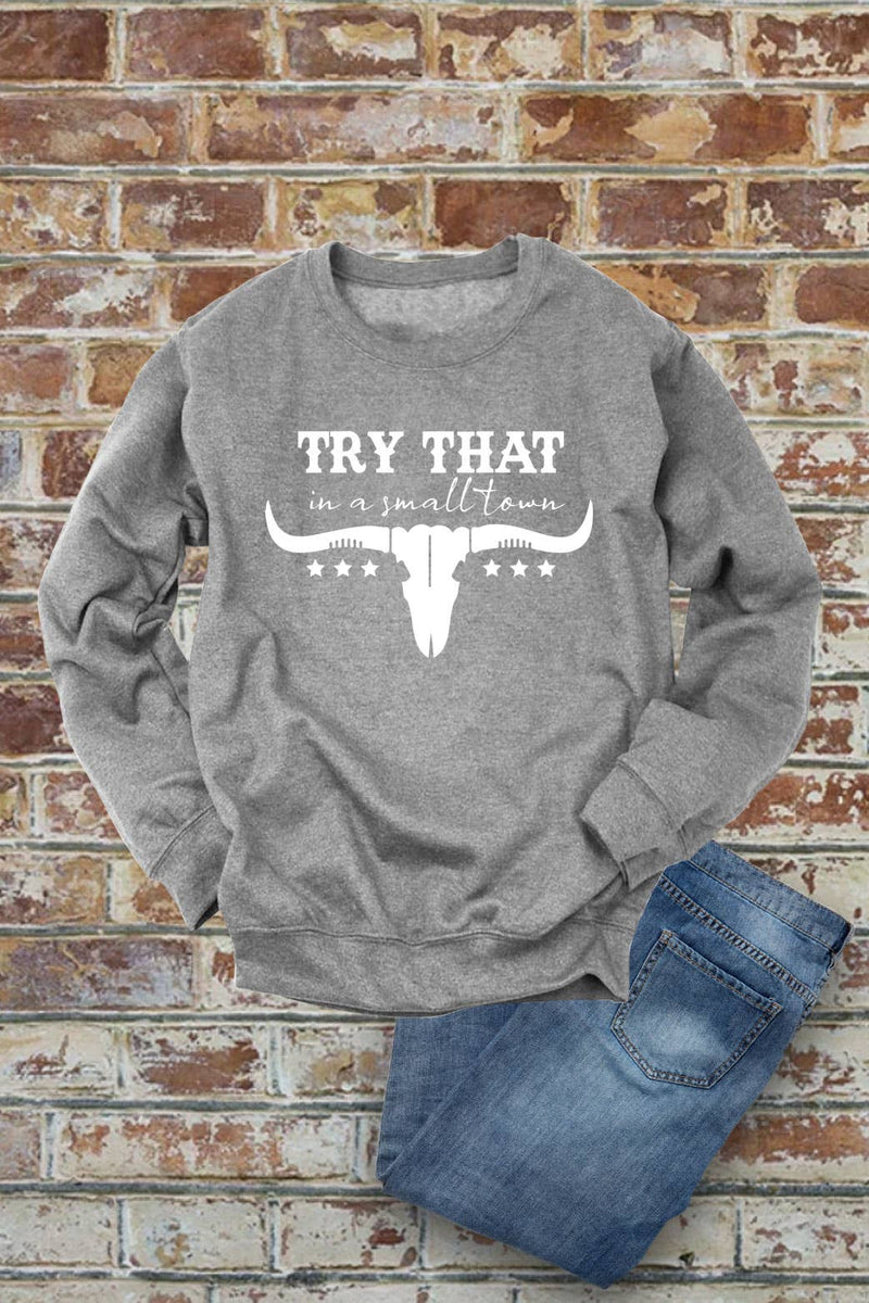 Top Avenue - Try That In a Small Town, Rodeo, Unisex Crew Neck Sweatshirt: Latte/Wht / L / Graphic Sweatshirt