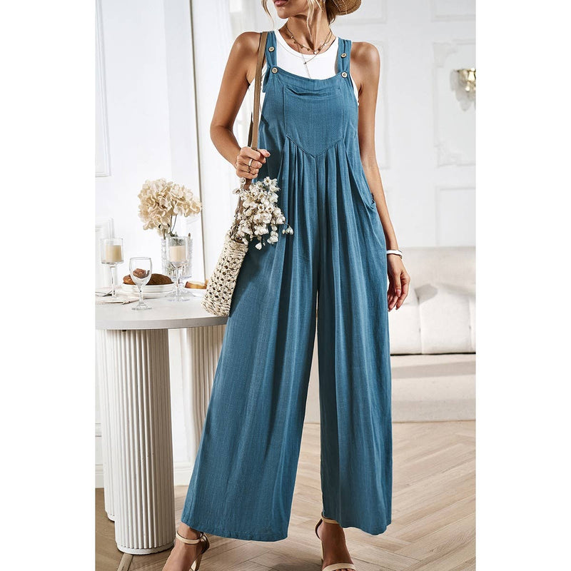 Supreme Fashion - Solid Wide Leg Pocketed Shoulder Tie Overalls: Light blue / L