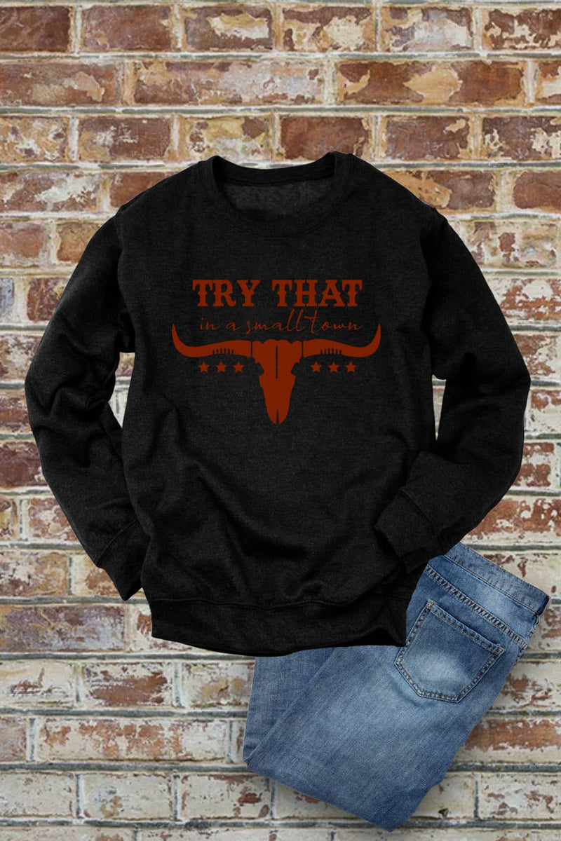 Top Avenue - Try That In a Small Town, Rodeo, Unisex Crew Neck Sweatshirt: Latte/Wht / L / Graphic Sweatshirt