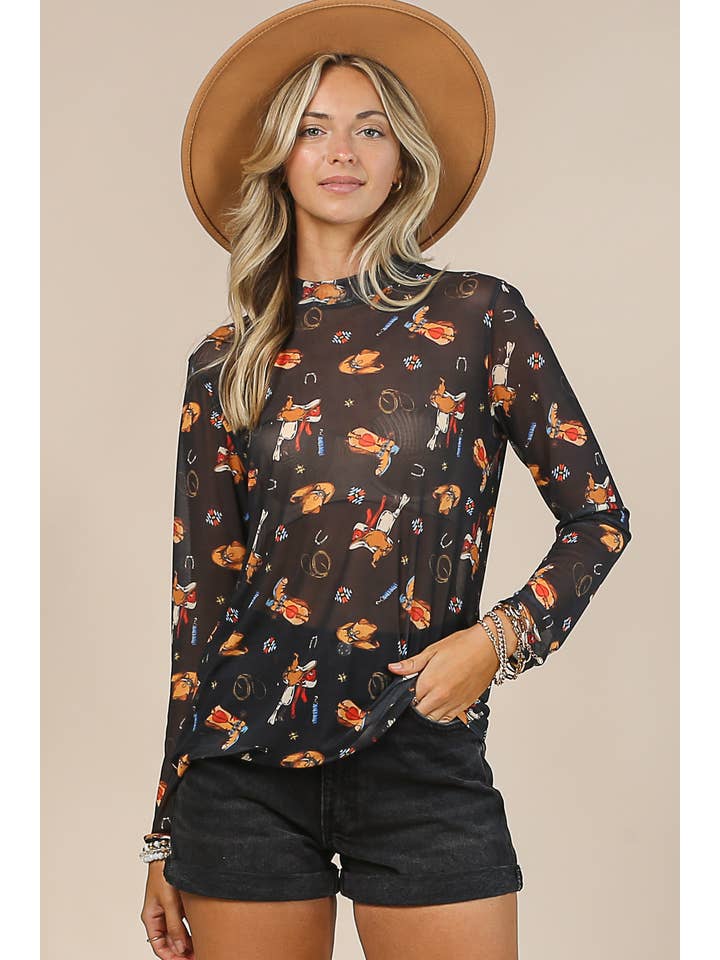 Sandy Western Print Mesh Long Sleeve Top