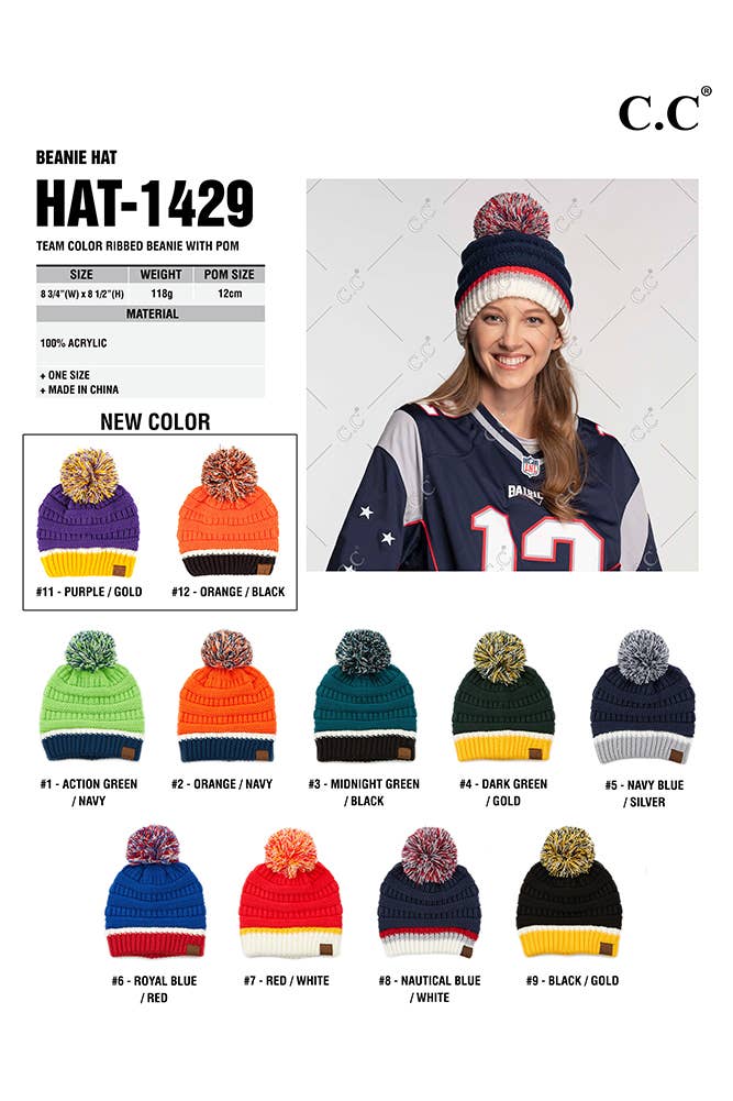 Hana - C.C Team Color Ribbed Beanie with Pom Winter Hat