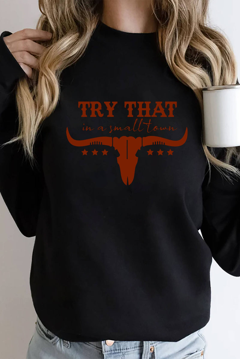 Top Avenue - Try That In a Small Town, Rodeo, Unisex Crew Neck Sweatshirt: Latte/Wht / L / Graphic Sweatshirt