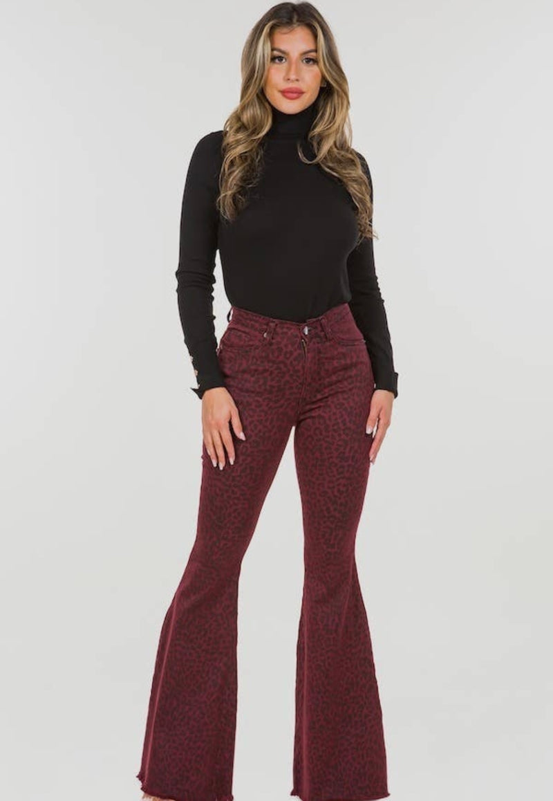 Leopard Print Bell Bottom Jean in Wine