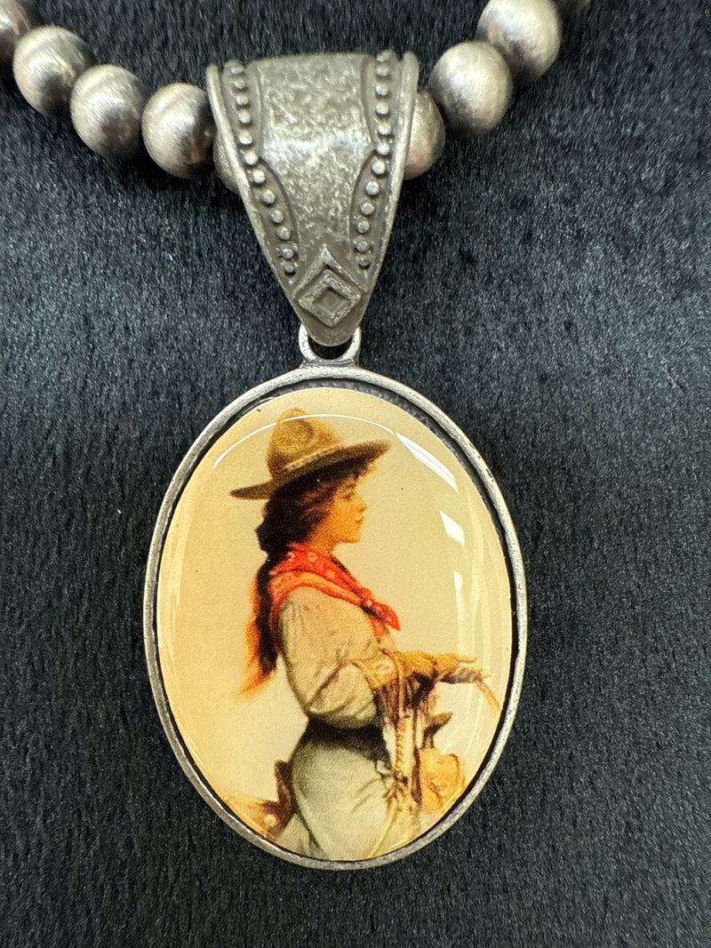 Faux Copper or Silver Beaded Retro Rodeo Pendent