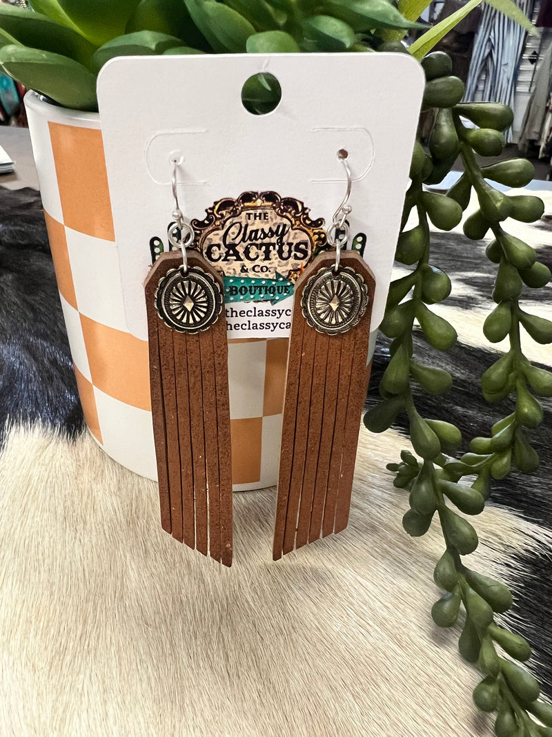 Leather Fringed Concho Earrings