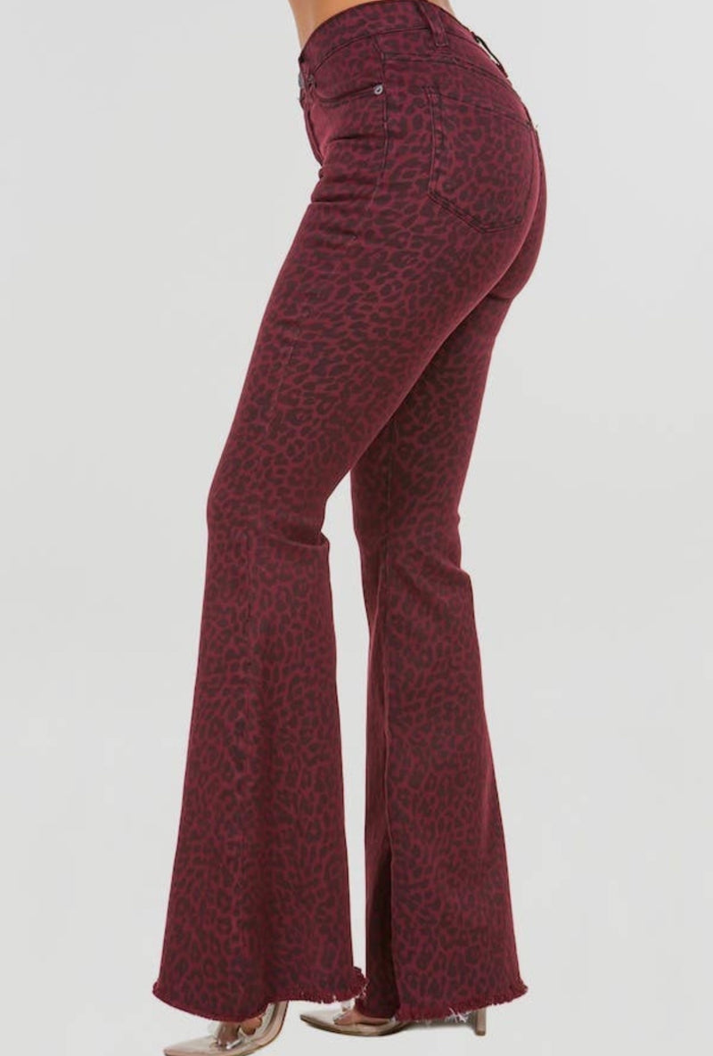 Leopard Print Bell Bottom Jean in Wine