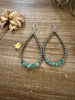 3 mm Sterling Silver Pearls earrings teardrop with real turquoise chips