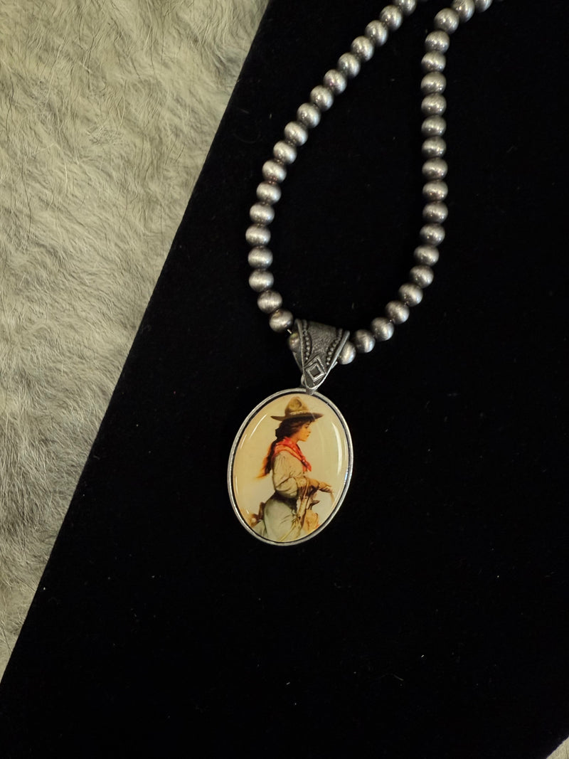 Faux Copper or Silver Beaded Retro Rodeo Pendent