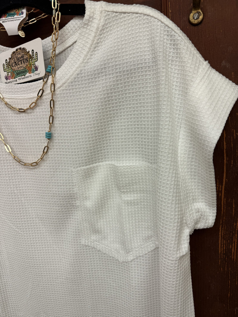 Waffle Round Neck Top w/ Pocket