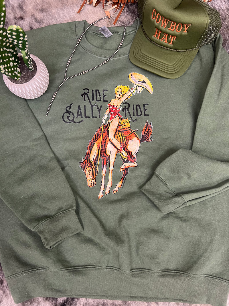 Ride Sally Ride Sweatshirt- Military Green crew neck