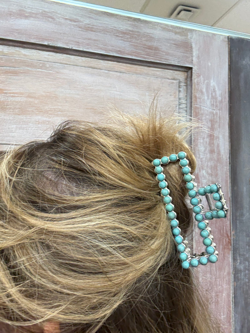 SILVER FAUX TURQUOISE CLAW CLIP - RECTANGLE