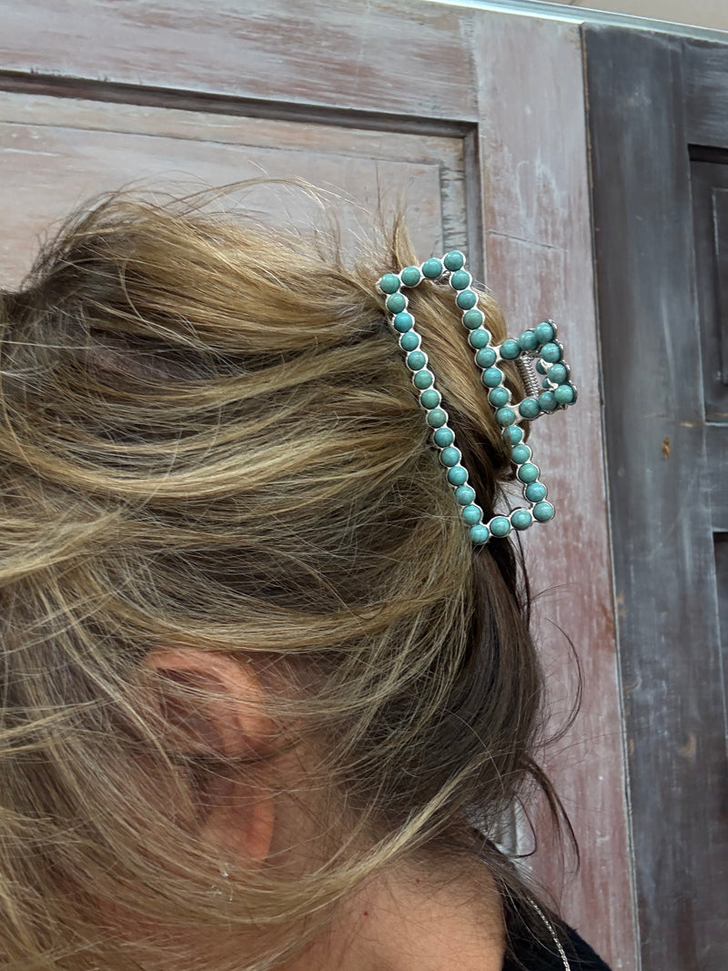 SILVER FAUX TURQUOISE CLAW CLIP - RECTANGLE