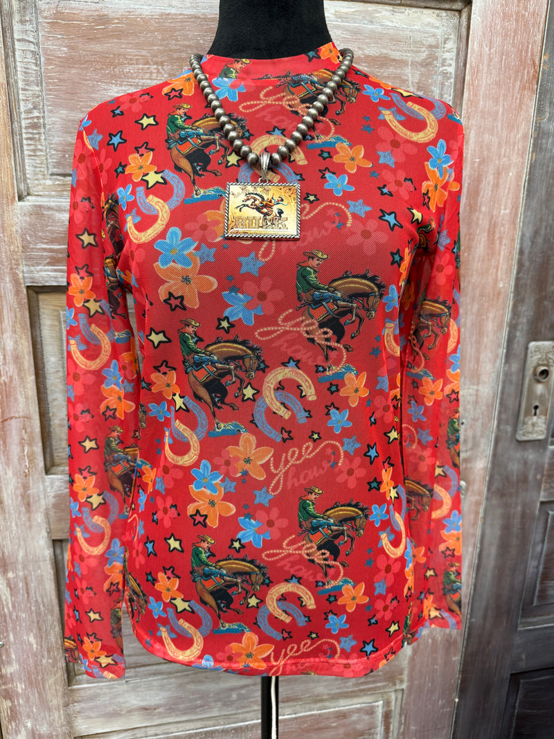 Red Yeehaw Mesh Top