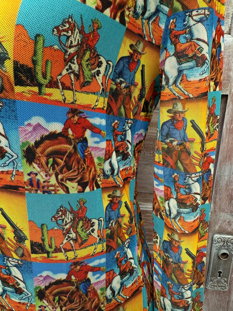 Retro Comic Cowboys Long Sleeve Mesh Top