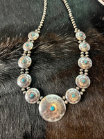 Etched Concho W/ Faux Turquoise Layered Necklace.