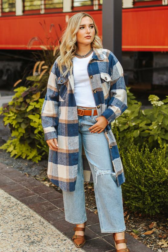 Blue Plaid Wool Long Jacket