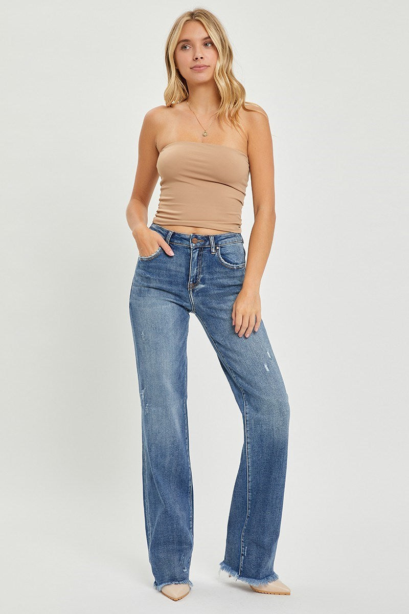 High Rise Long Straight Jeans W/ Raw Hem