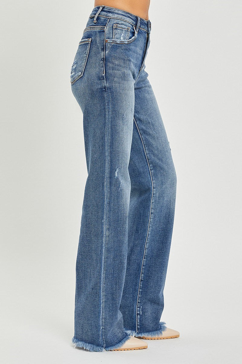 High Rise Long Straight Jeans W/ Raw Hem