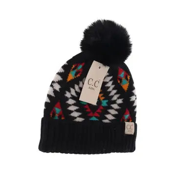 Kids Aztec Faux Fur Pom Beanie