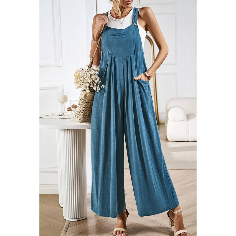 Supreme Fashion - Solid Wide Leg Pocketed Shoulder Tie Overalls: Light blue / L