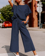 Textured Wide Leg Cropped Pants & Shirt Set