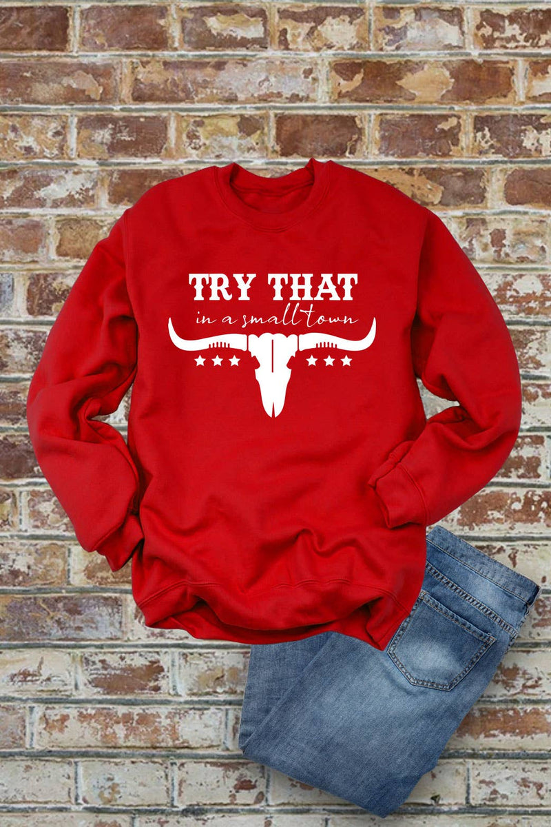 Top Avenue - Try That In a Small Town, Rodeo, Unisex Crew Neck Sweatshirt: Latte/Wht / S / Graphic Sweatshirt