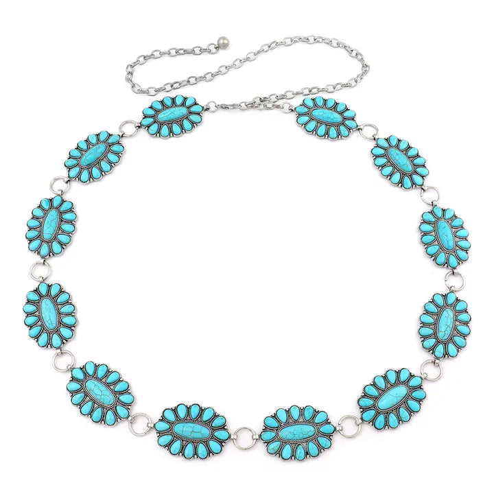 Silver & Turquoise Flower Concho Belt